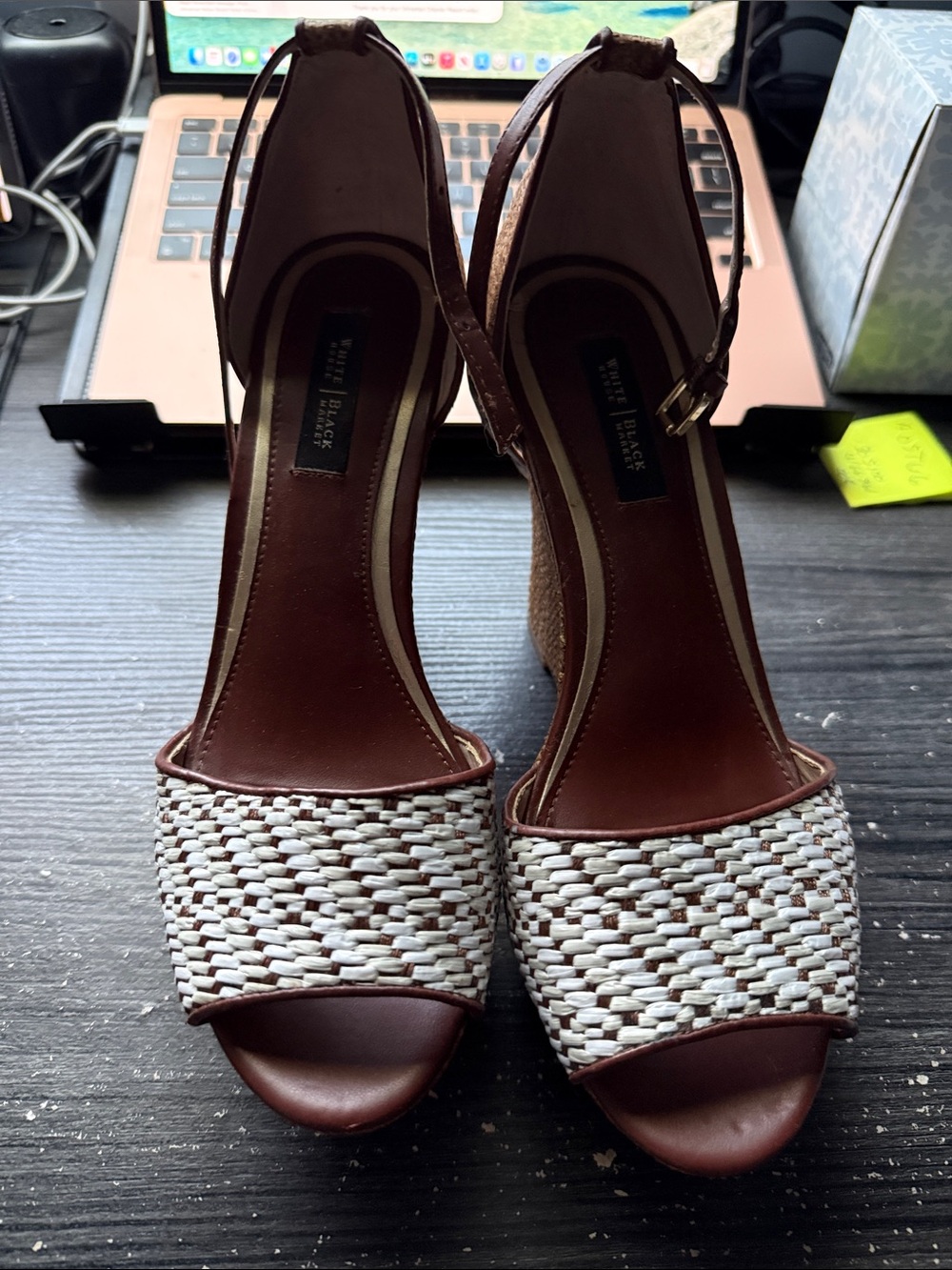 White House Black Market Brown & White Woven Platform Sandals
